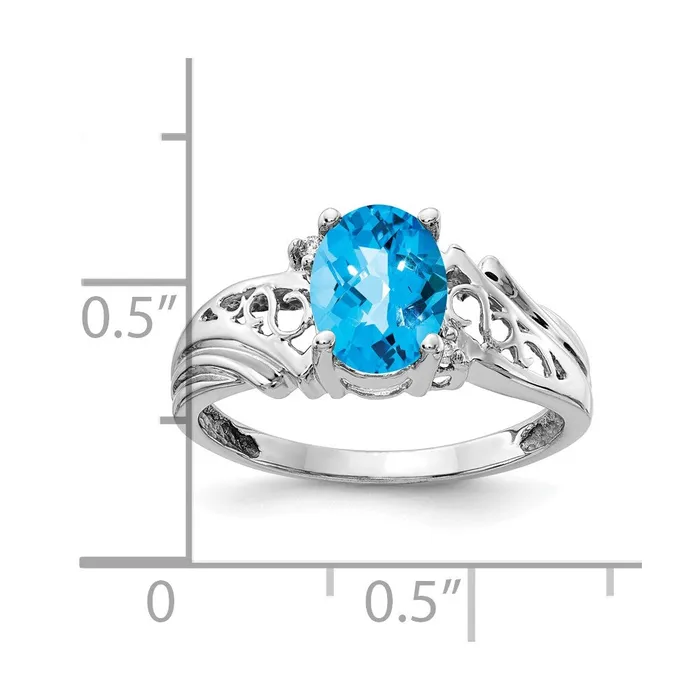 14k White Gold 8x6mm Oval Blue Topaz Checker VS Diamond ring Goldia Rings