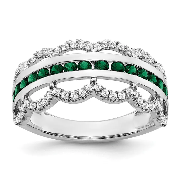 14k White Gold Created Emerald and Real Diamond Scallop Ring Goldia Rings 14k White Gold Created Emerald and Real Diamond Scallop Ring Goldia Rings