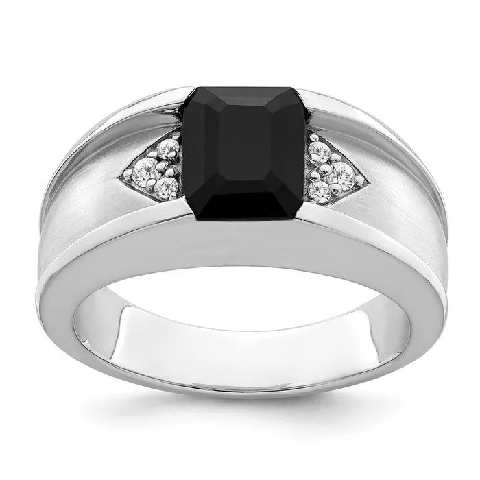 14k White Gold Onyx and Real Diamond Mens Ring Goldia Rings