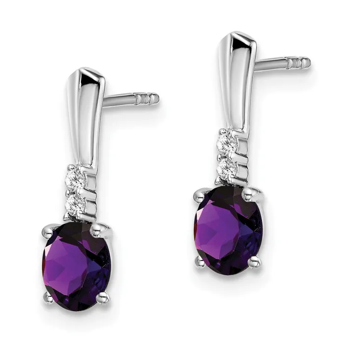 14k White Gold Oval Amethyst and Real Diamond Dangle Earrings Goldia Earrings