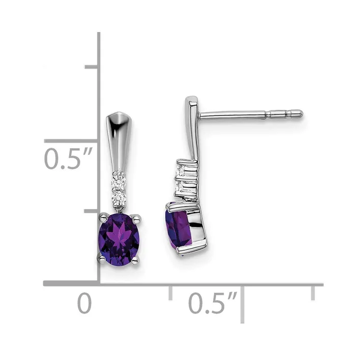 14k White Gold Oval Amethyst and Real Diamond Dangle Earrings Goldia Earrings