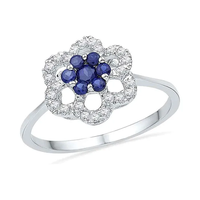 14k White Gold Round Created Blue Sapphire Diamond Cluster Ring 18 Cttw gndatlanta Rings 14k White Gold Round Created Blue Sapphire Diamond Cluster Ring 18 Cttw gndatlanta Rings