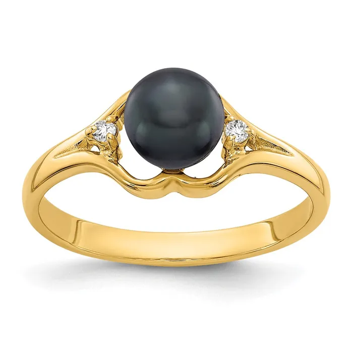 14k Yellow Gold 6mm Black FW Cultured Pearl AAA Diamond ring Goldia Rings