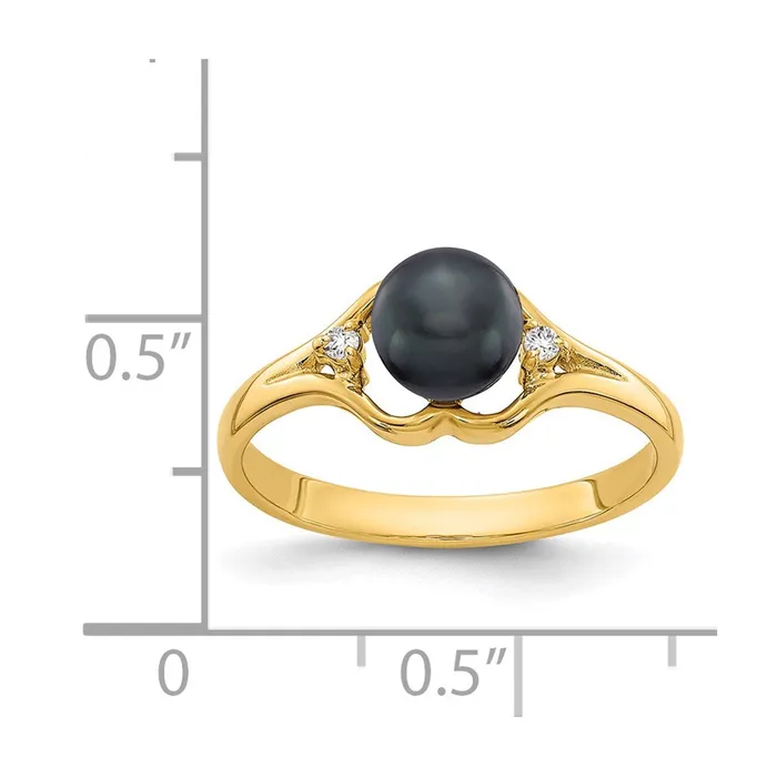14k Yellow Gold 6mm Black FW Cultured Pearl AAA Diamond ring Goldia Rings