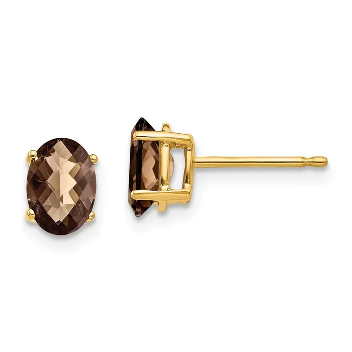 14k Yellow Gold 7x5 Oval CheckerCut Smok Yellow Gold Quartz Earrings Goldia Earrings