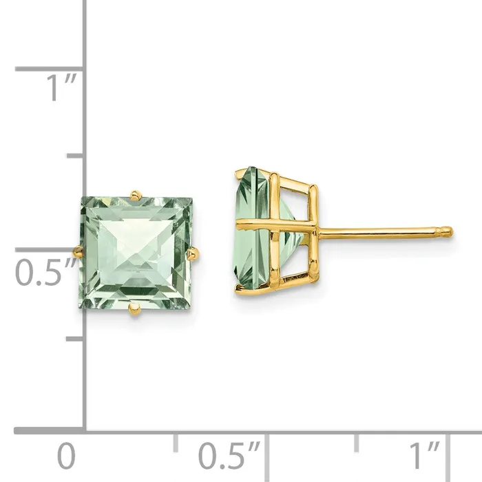 14k Yellow Gold 8mm Square CheckerCut Green Quartz Earrings Goldia Earrings