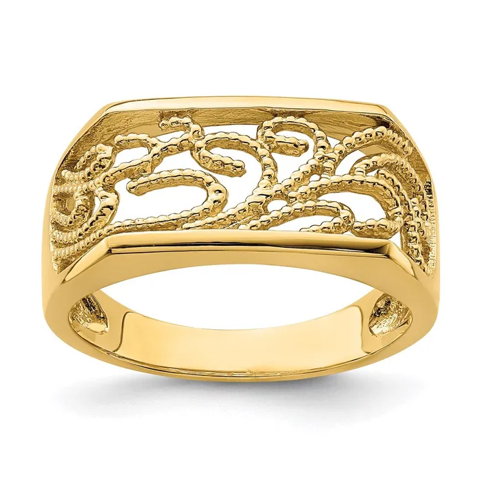 14K Yellow Gold Beaded Scroll Rectangular Dome Ring Goldia Rings