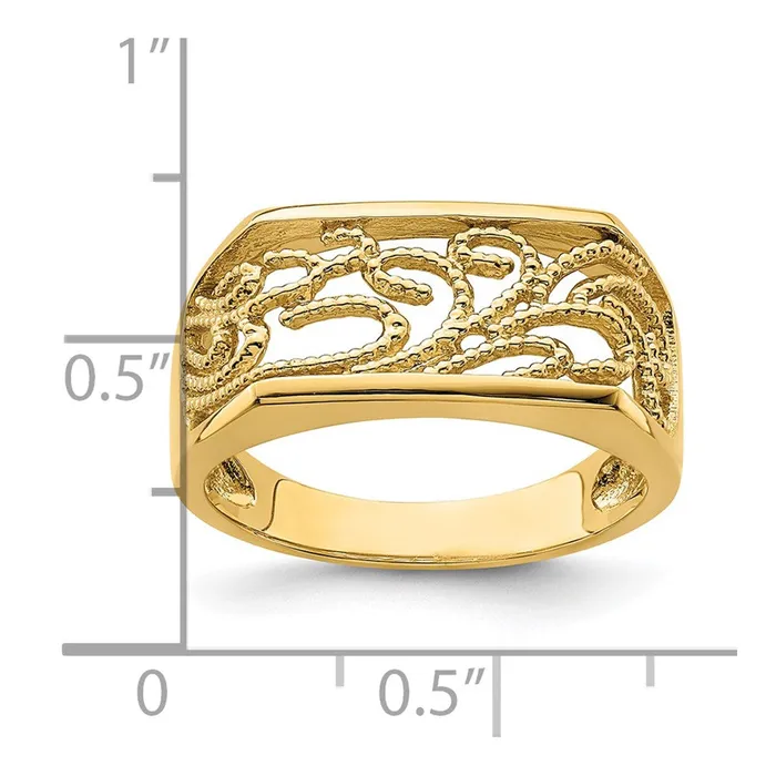 14K Yellow Gold Beaded Scroll Rectangular Dome Ring Goldia Rings