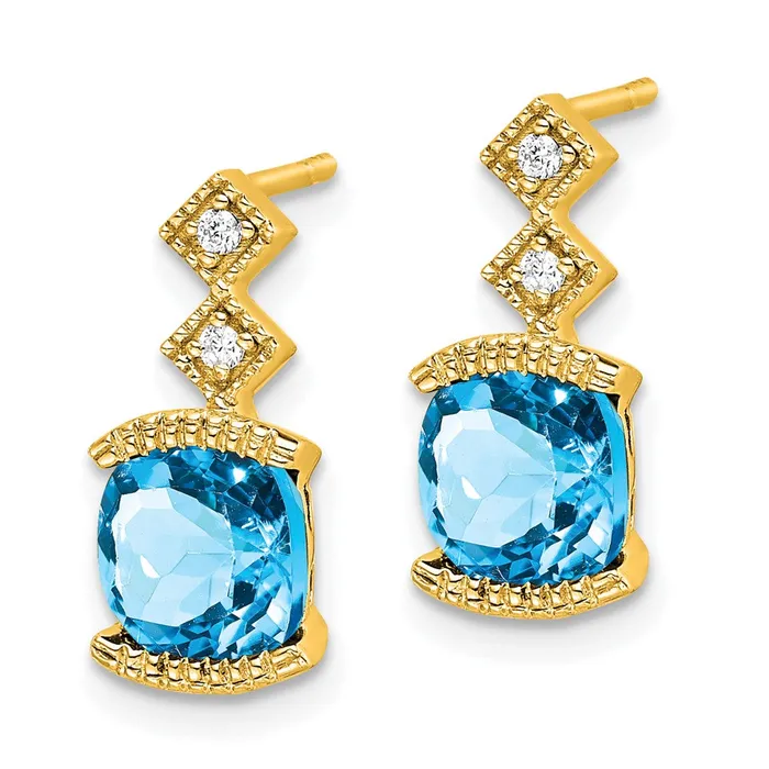 14k Yellow Gold Blue Topaz and Real Diamond Earrings Goldia Earrings