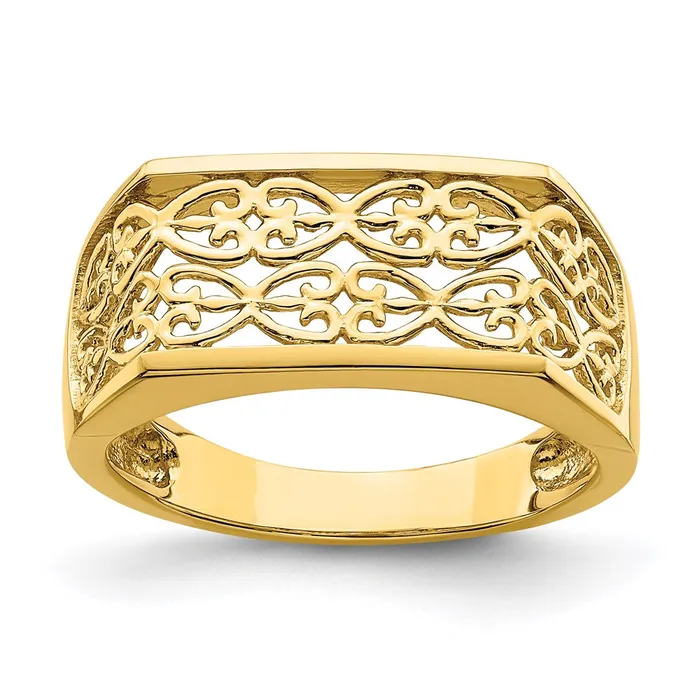 14K Yellow Gold CutOut Pattern Rectangular Dome Ring Goldia Rings