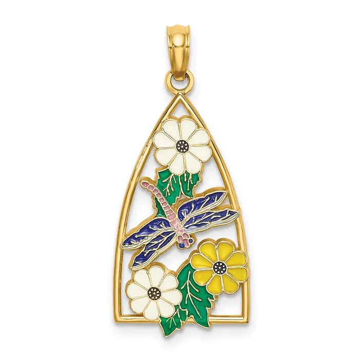 14k Yellow Gold Enamel Dragonfly and Flowers Triangle Charm Goldia Charm Necklaces 14k Yellow Gold Enamel Dragonfly and Flowers Triangle Charm Goldia Charm Necklaces