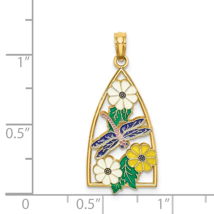 14k Yellow Gold Enamel Dragonfly and Flowers Triangle Charm Goldia Charm Necklaces