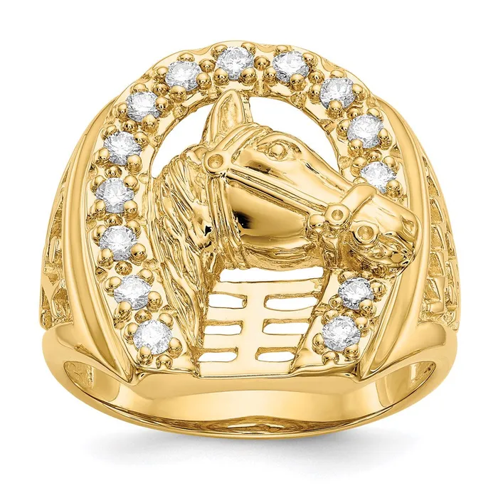 14K Yellow Gold Mens Real Diamond Horseshoe with Horse in Center Ring Goldia Rings 14K Yellow Gold Mens Real Diamond Horseshoe with Horse in Center Ring Goldia Rings