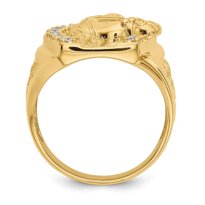 14K Yellow Gold Mens Real Diamond Horseshoe with Horse in Center Ring Goldia Rings