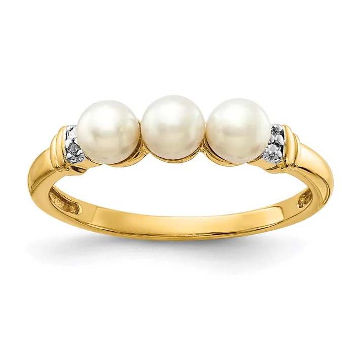 14K Yellow Gold Real Diamond and FW Cultured 3Pearl Ring Goldia Rings