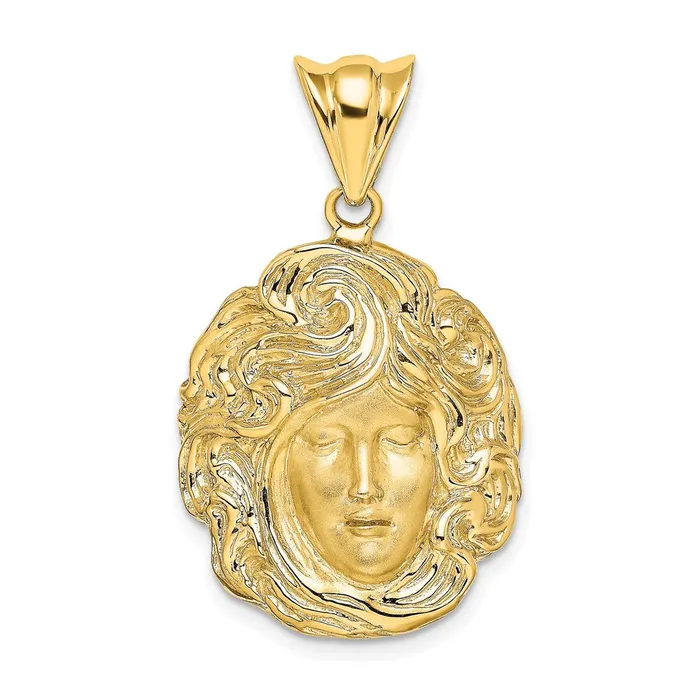 14k Yellow Gold Satin and Polished Swirling Hair Woman Face Charm Goldia Charm Necklaces 14k Yellow Gold Satin and Polished Swirling Hair Woman Face Charm Goldia Charm Necklaces