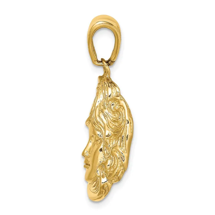 14k Yellow Gold Satin and Polished Swirling Hair Woman Face Charm Goldia Charm Necklaces