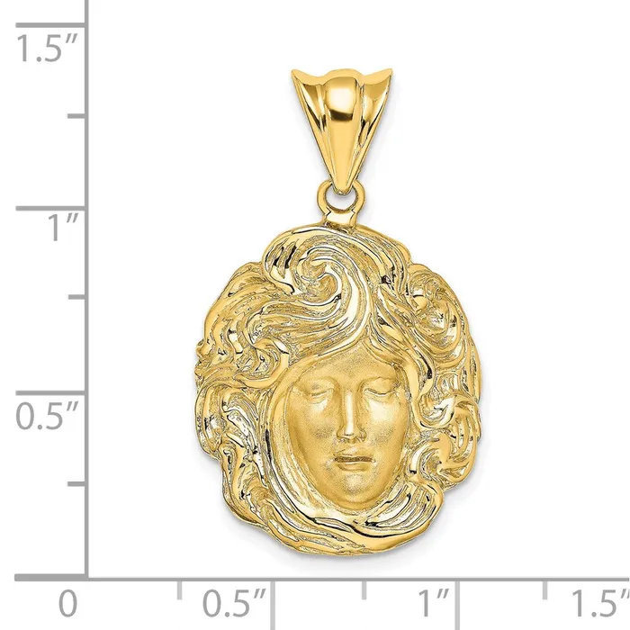 14k Yellow Gold Satin and Polished Swirling Hair Woman Face Charm Goldia Charm Necklaces