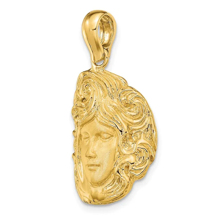 14k Yellow Gold Satin and Polished Swirling Hair Woman Face Charm Goldia Charm Necklaces