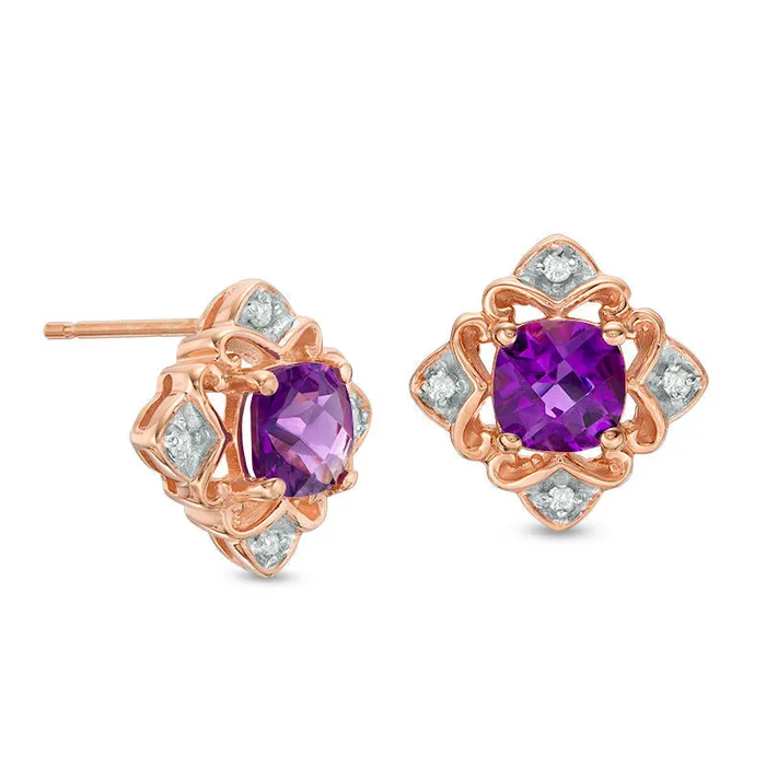 50mm CushionCut Amethyst and Diamond Accent Art Deco Stud Earrings in 10K Rose Gold Goldia Earrings 50mm CushionCut Amethyst and Diamond Accent Art Deco Stud Earrings in 10K Rose Gold Goldia Earrings