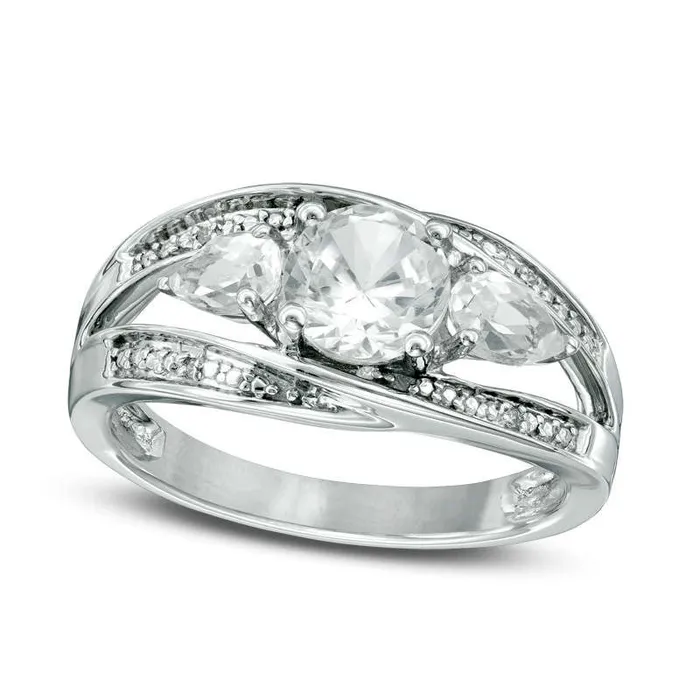 60mm LabCreated White Sapphire and Diamond Accent Split Shank Three Stone Ring in Sterling Silver Goldia Rings 60mm LabCreated White Sapphire and Diamond Accent Split Shank Three Stone Ring in Sterling Silver Goldia Rings