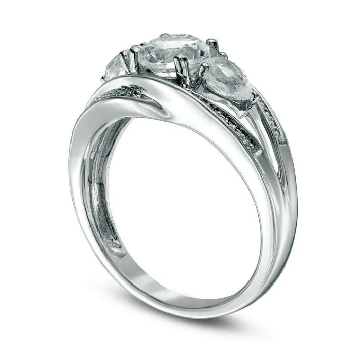 60mm LabCreated White Sapphire and Diamond Accent Split Shank Three Stone Ring in Sterling Silver Goldia Rings 60mm LabCreated White Sapphire and Diamond Accent Split Shank Three Stone Ring in Sterling Silver Goldia Rings
