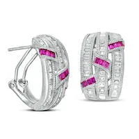 Baguette LabCreated Ruby and White Sapphire Triple Row Woven Swirl Ribbon JHoop Earrings in Sterling Silver Goldia Earrings Baguette LabCreated Ruby and White Sapphire Triple Row Woven Swirl Ribbon JHoop Earrings in Sterling Silver Goldia Earrings