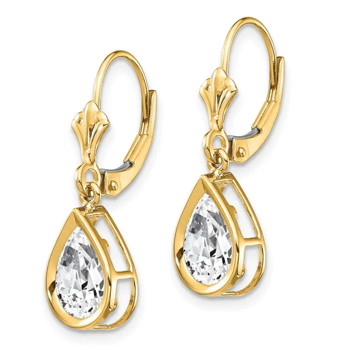 Earrings 14k Yellow Gold 9x6mm Pear Cubic Zirconia Leverback Earrings Goldia