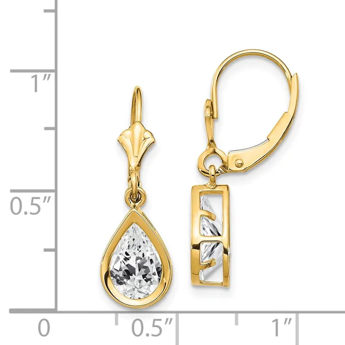 Earrings 14k Yellow Gold 9x6mm Pear Cubic Zirconia Leverback Earrings Goldia