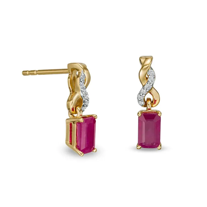EmeraldCut Ruby and Diamond Accent Twist Drop Earrings in 14K Gold Goldia Earrings EmeraldCut Ruby and Diamond Accent Twist Drop Earrings in 14K Gold Goldia Earrings