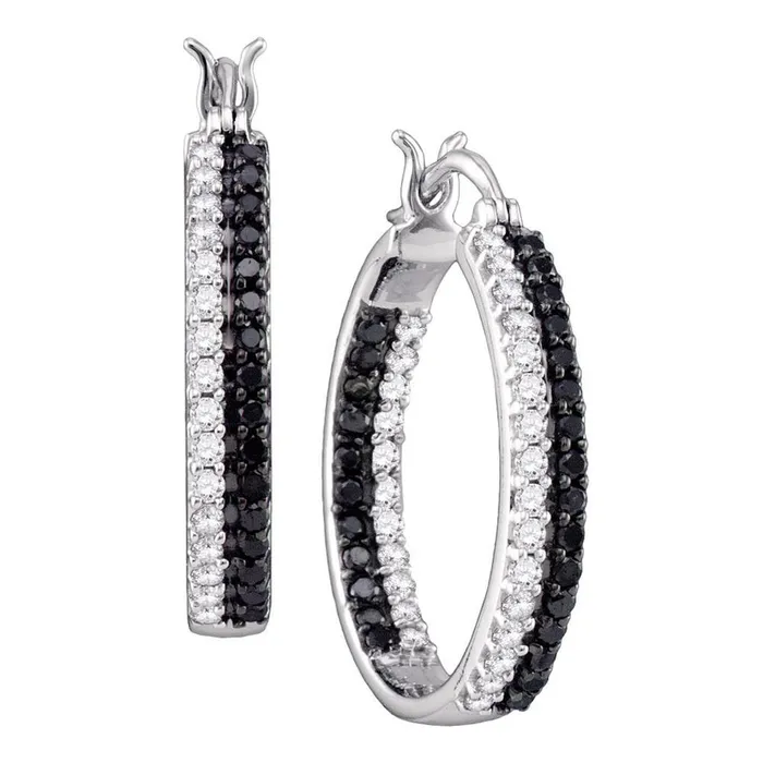 gndatlanta Earrings 14k White Gold Round Black Diamond Hoop Earrings 1 Cttw