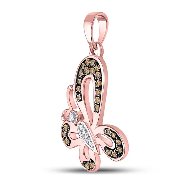 gndatlanta Necklaces 10k Rose Gold Round Brown Diamond Butterfly Bug Pendant 15 Cttw