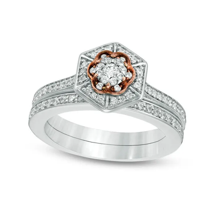 Goldia 050 CT TW Natural Diamond Flower and Hexagon Frame Bridal Engagement Ring Set in Solid 10K TwoTone Gold Rings Goldia 050 CT TW Natural Diamond Flower and Hexagon Frame Bridal Engagement Ring Set in Solid 10K TwoTone Gold Rings