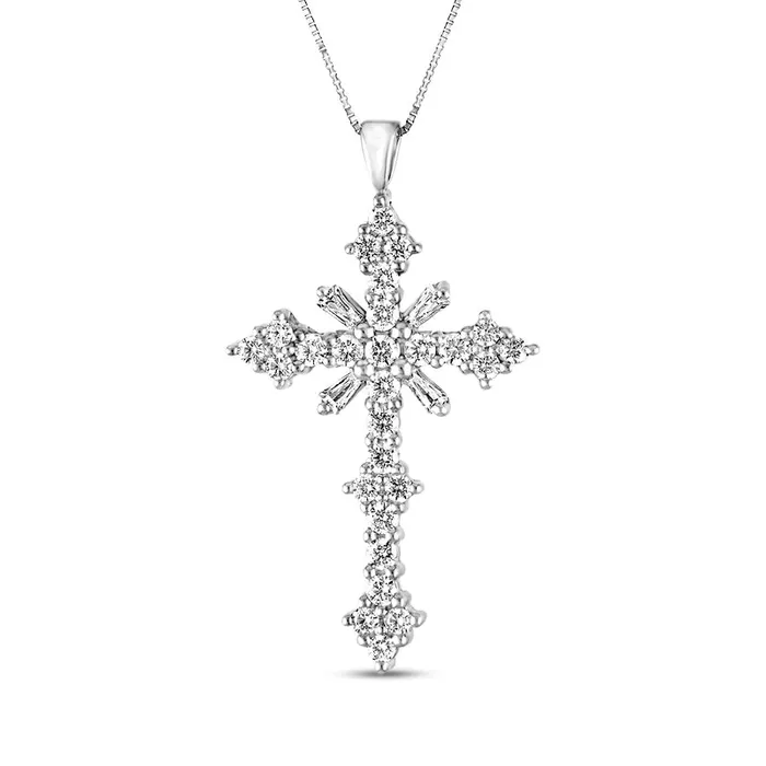 Goldia 3 CT TW Baguette and Round Natural Diamond Cross Pendant in 14K White Gold Necklaces Goldia 3 CT TW Baguette and Round Natural Diamond Cross Pendant in 14K White Gold Necklaces