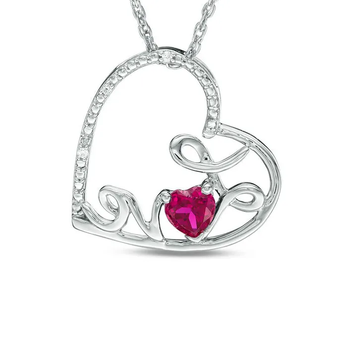 Goldia 40mm LabCreated Ruby and Diamond Accent Cursive Love Tilted Heart Pendant in Sterling Silver Necklaces Goldia 40mm LabCreated Ruby and Diamond Accent Cursive Love Tilted Heart Pendant in Sterling Silver Necklaces