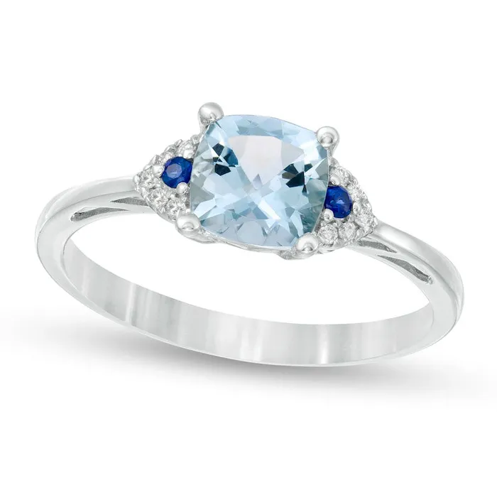 Goldia 60mm CushionCut Aquamarine Blue Sapphire and Natural Diamond Accent Ring in Solid 14K White Gold Rings Goldia 60mm CushionCut Aquamarine Blue Sapphire and Natural Diamond Accent Ring in Solid 14K White Gold Rings