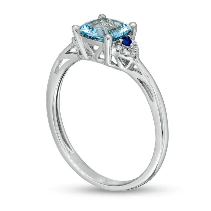 Goldia 60mm CushionCut Aquamarine Blue Sapphire and Natural Diamond Accent Ring in Solid 14K White Gold Rings Goldia 60mm CushionCut Aquamarine Blue Sapphire and Natural Diamond Accent Ring in Solid 14K White Gold Rings