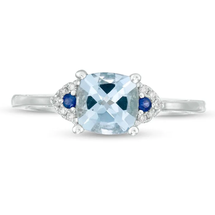 Goldia 60mm CushionCut Aquamarine Blue Sapphire and Natural Diamond Accent Ring in Solid 14K White Gold Rings Goldia 60mm CushionCut Aquamarine Blue Sapphire and Natural Diamond Accent Ring in Solid 14K White Gold Rings