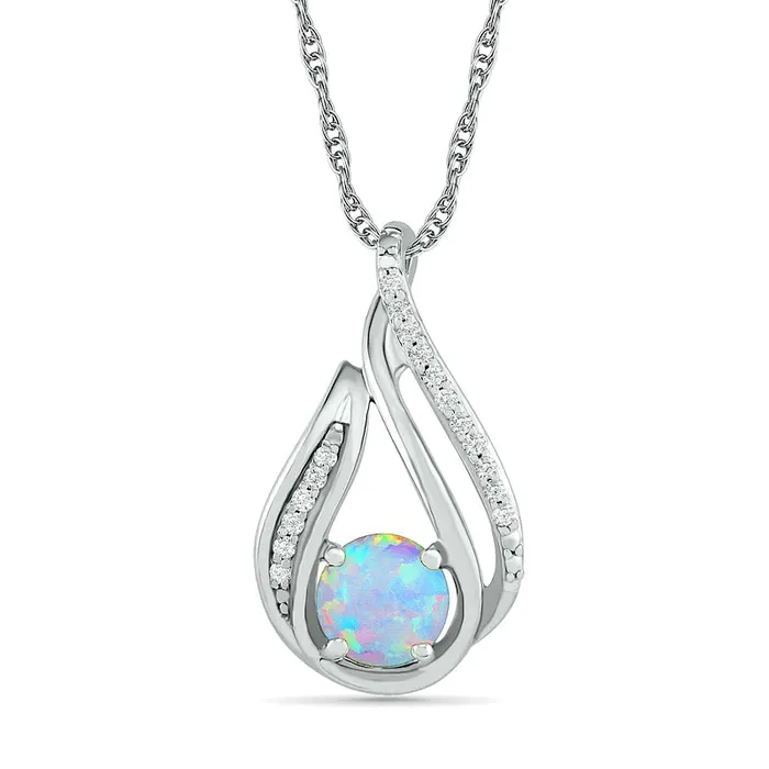 Goldia 60mm LabCreated Opal and 007 CT TW Diamond Beaded Open Flame Pendant in Sterling Silver Rings Goldia 60mm LabCreated Opal and 007 CT TW Diamond Beaded Open Flame Pendant in Sterling Silver Rings