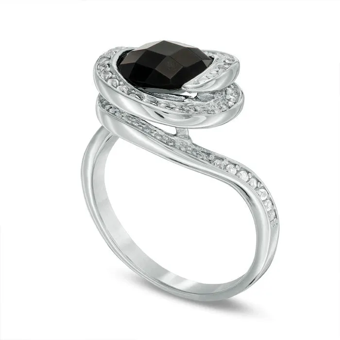 Goldia 90mm Faceted Onyx and White Topaz Swirl Frame Ring in Sterling Silver Rings Goldia 90mm Faceted Onyx and White Topaz Swirl Frame Ring in Sterling Silver Rings