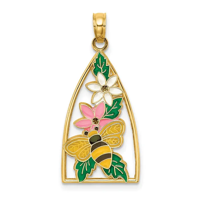 Goldia Charm Necklaces 14k Yellow Gold Enameled Bumblebee and Flowers Triangle Charm Goldia Charm Necklaces 14k Yellow Gold Enameled Bumblebee and Flowers Triangle Charm