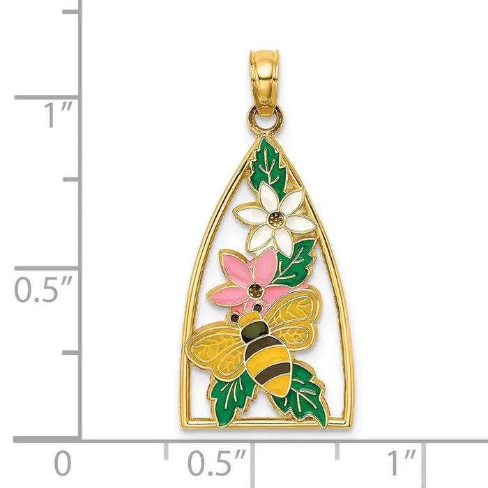 Goldia Charm Necklaces 14k Yellow Gold Enameled Bumblebee and Flowers Triangle Charm
