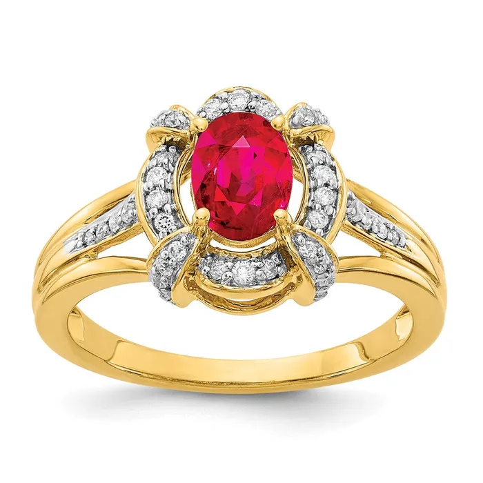 Goldiacom 14K Yellow Gold Real Diamond and Oval Ruby Ring Rings