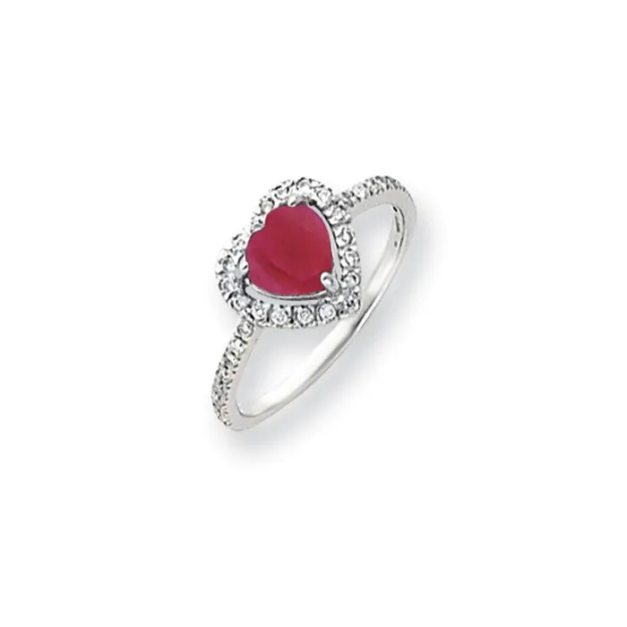 Goldiacom Rings 14k White Gold 6mm Heart Created Ruby AAA Real Diamond ring