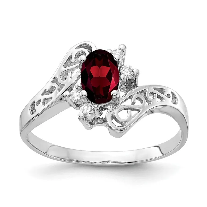 Goldiacom Rings 14k White Gold 6x4mm Oval Garnet AAA Real Diamond ring