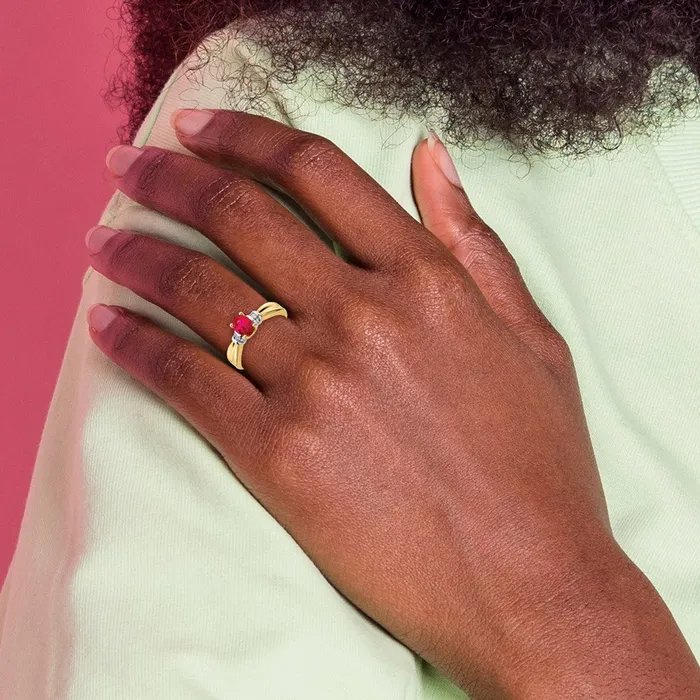 Goldiacom Rings 14k Yellow Gold and Oval Rhodium Real Diamond and Oval Ruby Ring