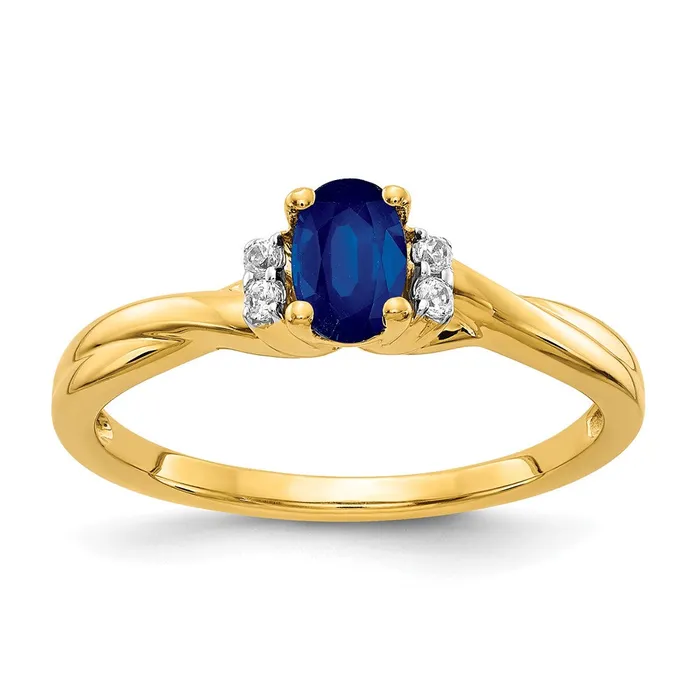 Goldiacom Rings 14K Yellow Gold Real Diamond and Oval Sapphire Ring