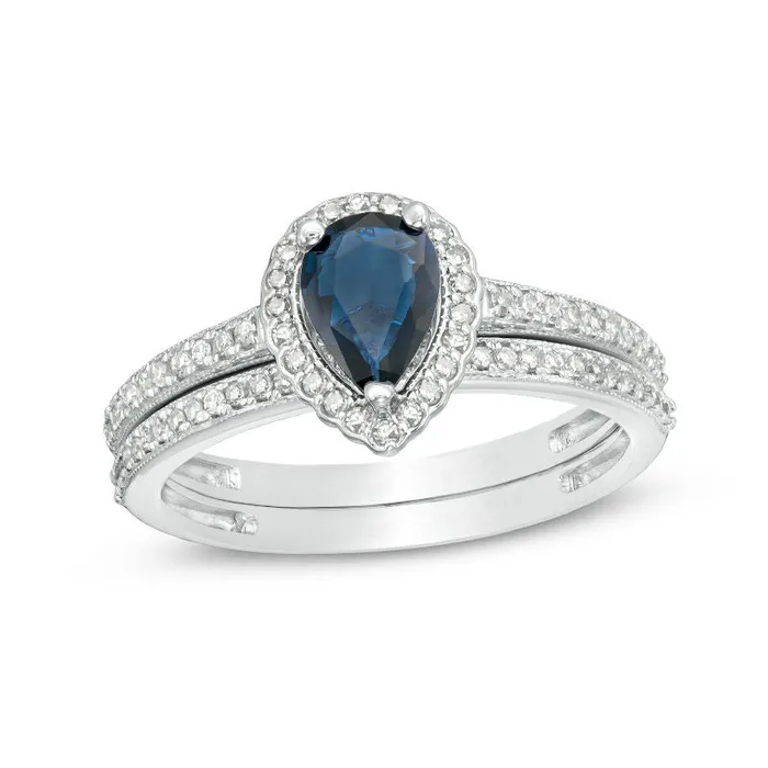 Goldiacom Rings PearShaped Blue Sapphire and 14 CT TW Diamond Scallop Frame Bridal Engagement Ring Set in 14K White Gold Goldiacom Rings PearShaped Blue Sapphire and 14 CT TW Diamond Scallop Frame Bridal Engagement Ring Set in 14K White Gold