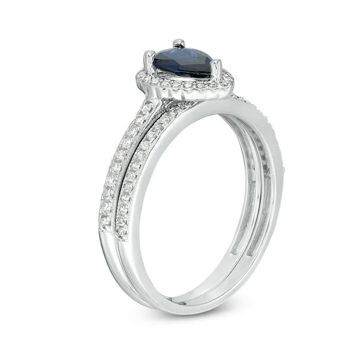Goldiacom Rings PearShaped Blue Sapphire and 14 CT TW Diamond Scallop Frame Bridal Engagement Ring Set in 14K White Gold