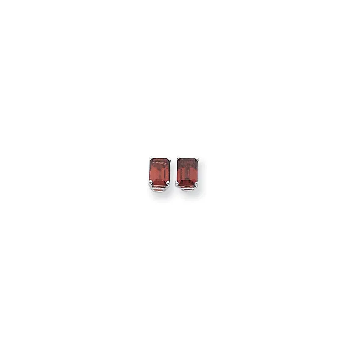Goldia Earrings 14k White Gold 7x5mm Emerald Cut Rhodolite Garnet earring